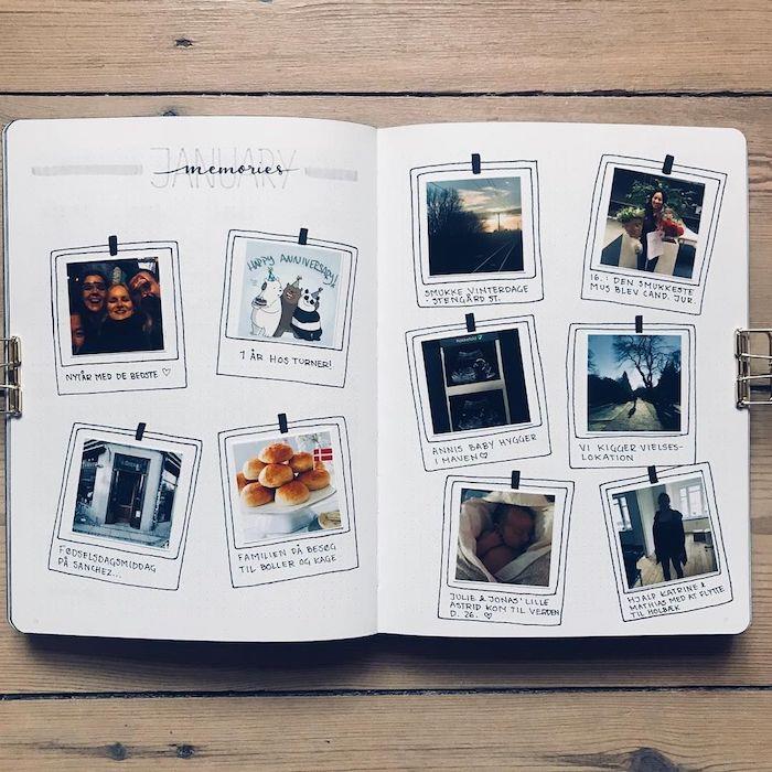 Album med fotografier av vänner och platser, minnen från januari, resedagbokssida, bilder att använda