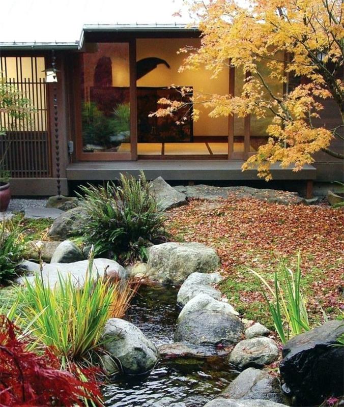 حديقة يابانية ، أحجار طبيعية ، منزل على الطراز الياباني ، ديكور حديقة معاصر ، تنسيق الحدائق اليابانية