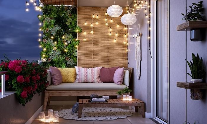 vertikal trädgårdsdekoration balkong kokande ljus krans träbänk dekorativa kuddar