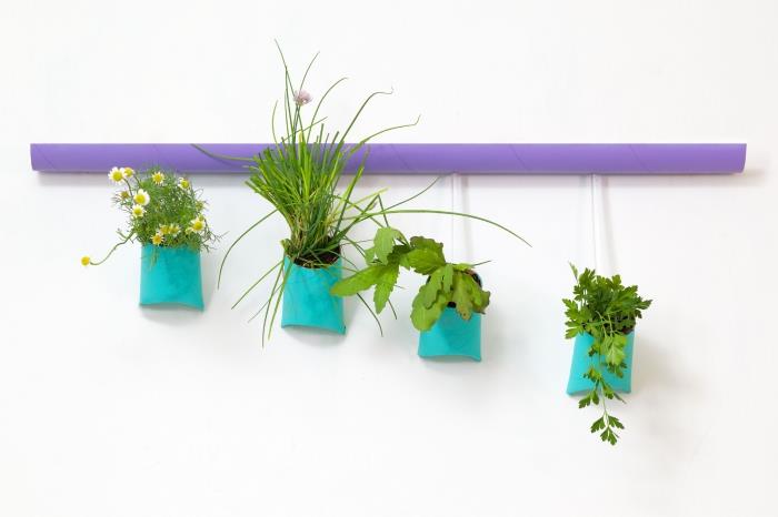 hängande plantkrukor gjorda med återvunna toalettpappersrullar, DIY -återvinning med toalettpappersrullar