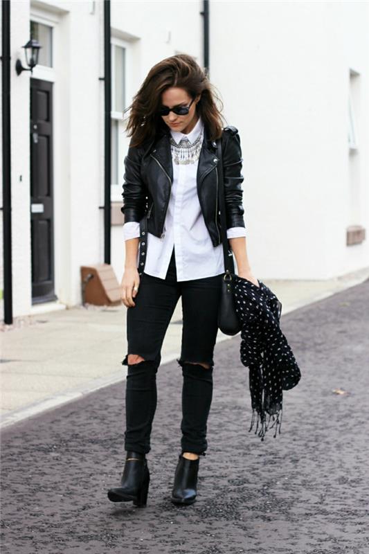 čierne oblečenie, čierne členkové topánky, čierna šatka s bielymi bodkami, biela košeľa, strieborný náhrdelník