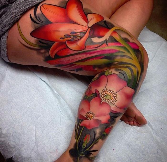 Tetovanie kvety noha žena tetovanie farby holennej kosti