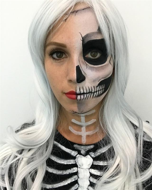 polovičný kostrový make -up, čiernobiely skeletový halloweensky make -up, blond vlasy
