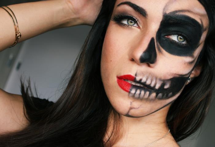 ľahký halloweensky make -up pre ženy, jasný rúž, zlatý náramok, ľahká lebka