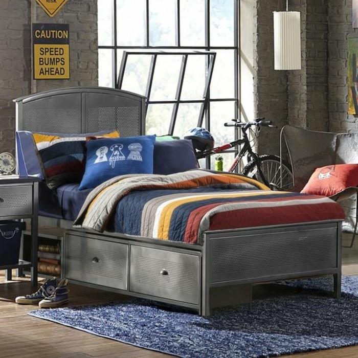 جميلة-سرير-صبي-غرفة نوم-ولد-معدن-سرير-صبي-سجادة زرقاء-غرفة نوم صناعية