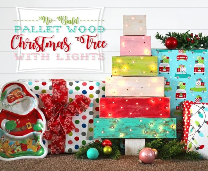 papierový Mikuláš, veľké darčekové balenie, vianočné gule, malé vianočné svetlá, maľované paletové dosky a závesné žiarovky