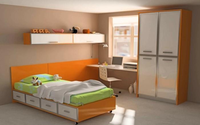 غرف نوم اطفال جميلة مع سرير برتقالي وأدراج جدران بيج سجادة رمادية أرضية