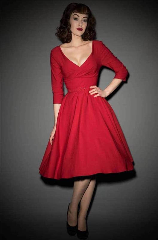 فستان أحمر بأكمام متوسطة الطول ، كيف تلبسين أزياء الخمسينيات ، ملابس الخمسينيات ، كوني امرأة أنيقة