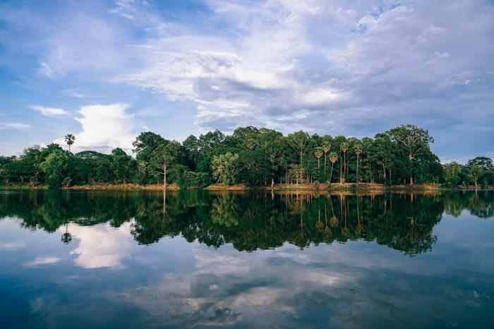 landskap bakgrund, vackert landskap, paradisiska öar, havslandskap, palmer och tropisk vegetation, vita moln reflekteras i det lugna vattnet