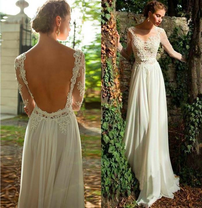svadobné šaty bez chrbta, predĺžená dĺžka, dlhé rukávy, maxi šaty