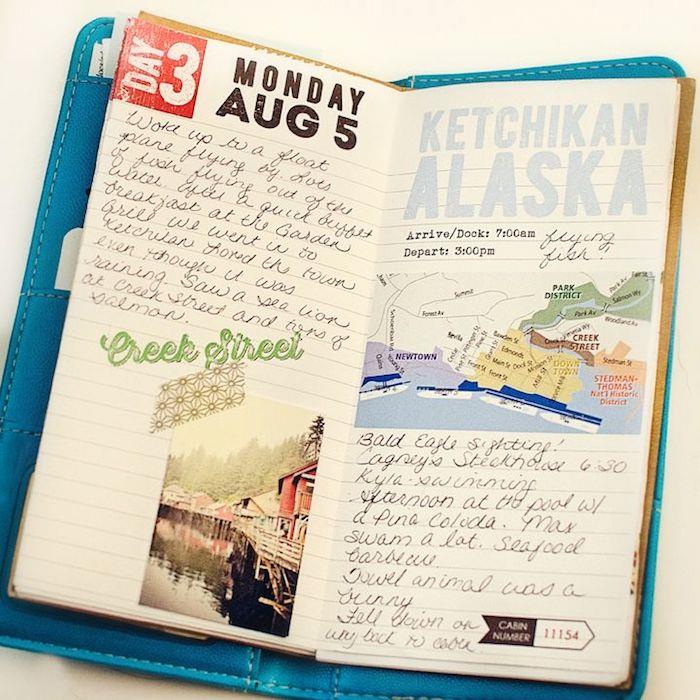 Resedagbok med foton och beskrivningar av besökta platser, scrapbooking fotoalbum, enkel och konstnärlig stilbok, kreativ hobby