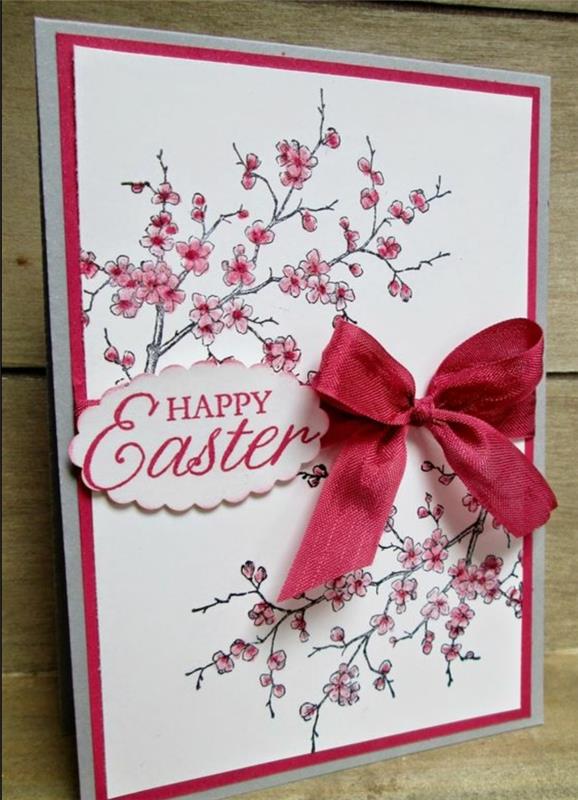 gott påskkort, rött band, blommande grenar, små rosa blommor, idé hur man gör ett originellt gratulationskort