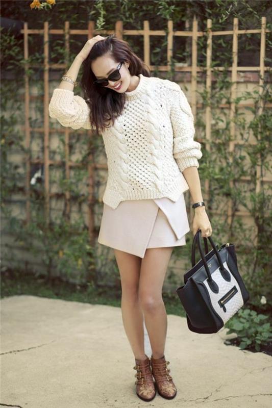 asymmetrisk-kjol-tröja-chunky-stickad-studded-ankel-stövlar-brun-färg