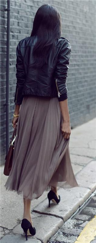 midi-kjol-beige-höga klackar-svart-flicka-moderna-kläder-svart-läder-jacka