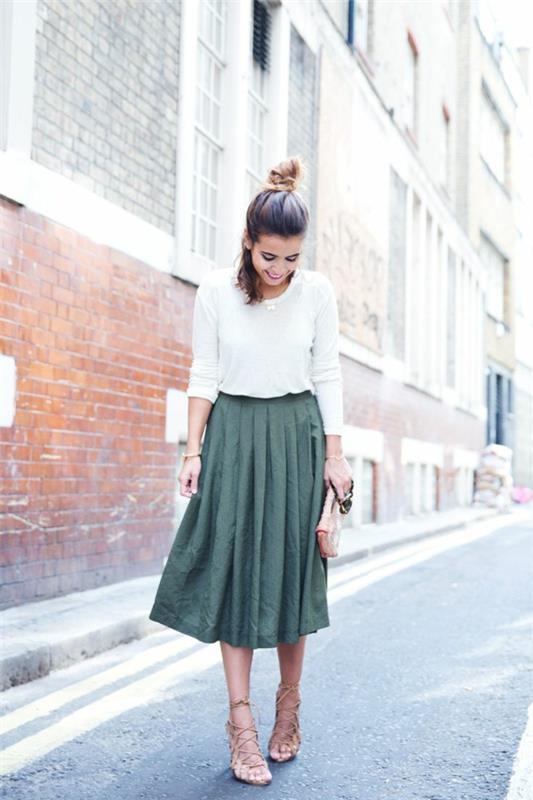 A-line-skirt-green-sandals-woman-fashion-long-skirt-Shoulder-bag