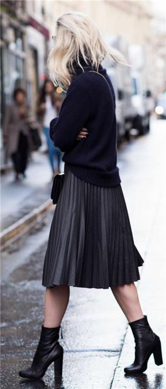 mid-length-kjolar-svart-veckade-tendan-kjolar-av-mode-kvinna