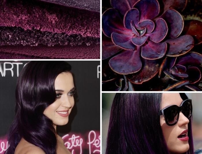 Katy Perry kändisfrisyr med mörkt lila hår och svarta höjdpunkter, svart solglasögonmodell för kvinnor
