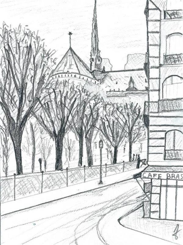 Paris notre dame view och caféhörna, lätt att rita och vackert landskapsteckning, Paris gator, den mest romantiska staden i världen