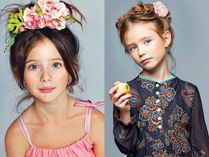 Účes s vlasovými predĺženiami, korunka kvetu, ľahký návod na účes, strih malého dievčatka, originálne účesy dvoch dievčat