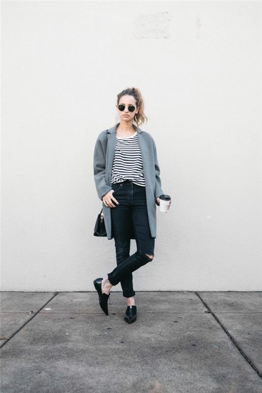 la-redoute-femme-dlhý-kabát-sivo-šedý-denim-tričko-s-bielymi-čiernymi pruhmi