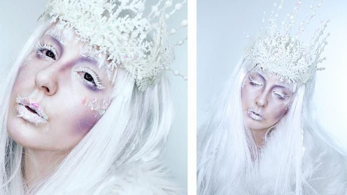 snödrottningen, en kvinna förklädd till Halloween med vita ögonfransar, lila kinder