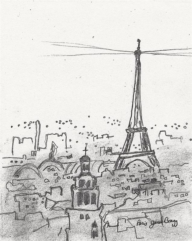 Paris eiffeltornet vackert landskapsteckning, enkel teckninginspiration, Paris skönhet