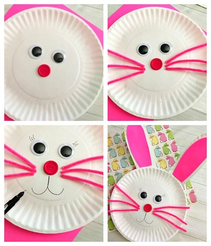 biely králik v plastovom papierovom tanieri s ružovými fúzikmi na čistenie rúrok, krútiacimi sa očami, červeným gombíkovým nosom a vytiahnutou papulou