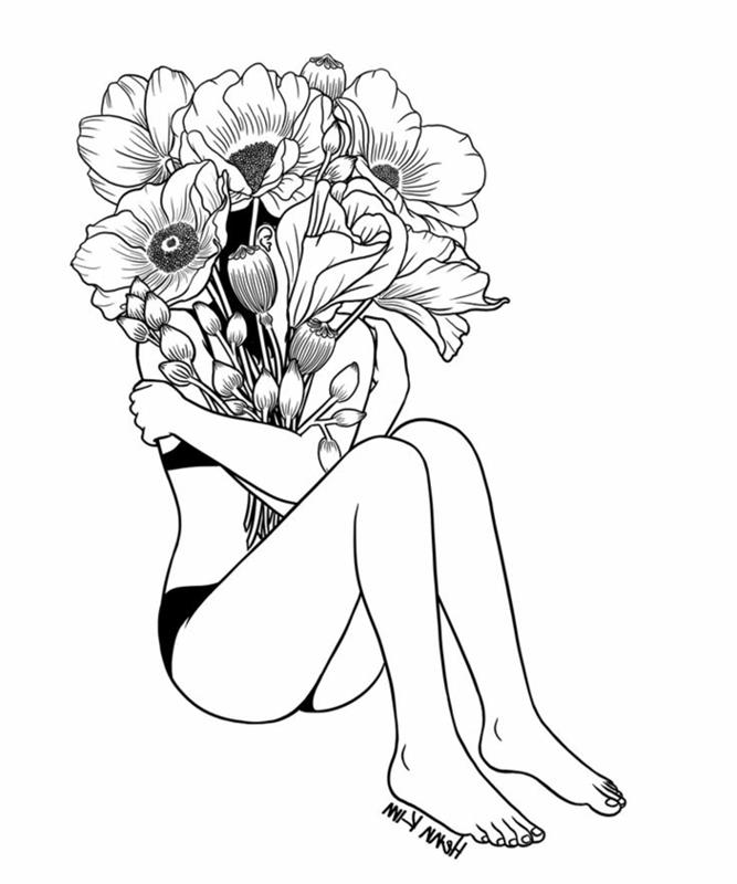 Svartvit ritning konstverk kvinna för att rita enkla svartvita blommor