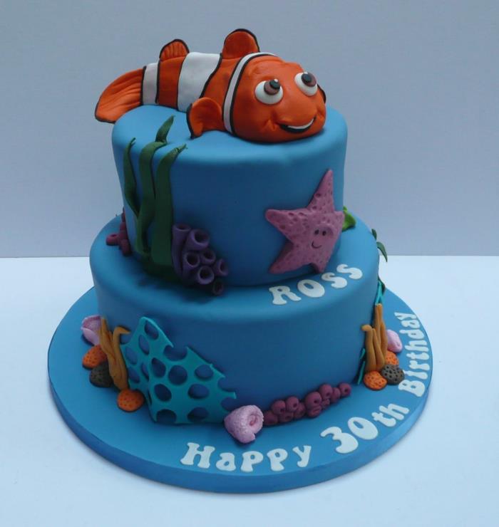 Modrá torta Nemo's Adventures, figúrky morských tvorov, priania k narodeninám