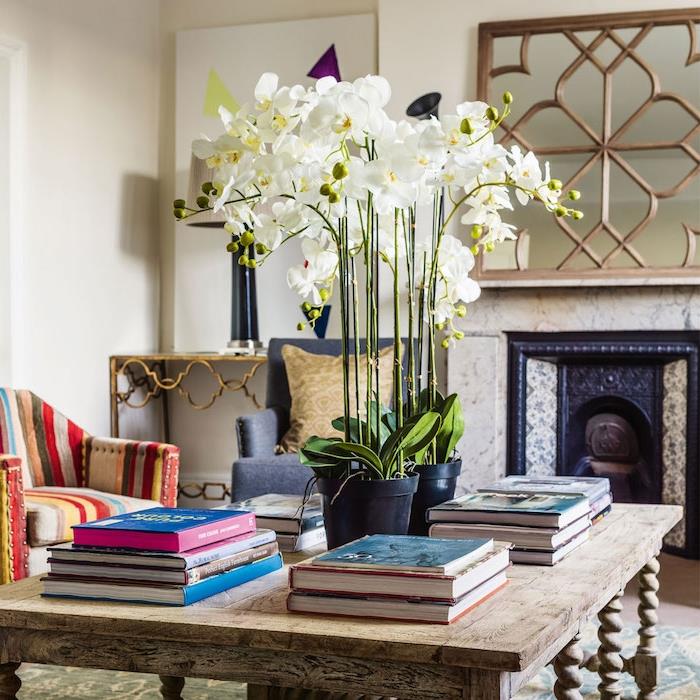 kvitnúca izbová rastlina biele orchidey v kvetináči na surovom drevenom stole, obklopené hromadami kníh, krb, pruhované kreslo, originálna výzdoba obývačky
