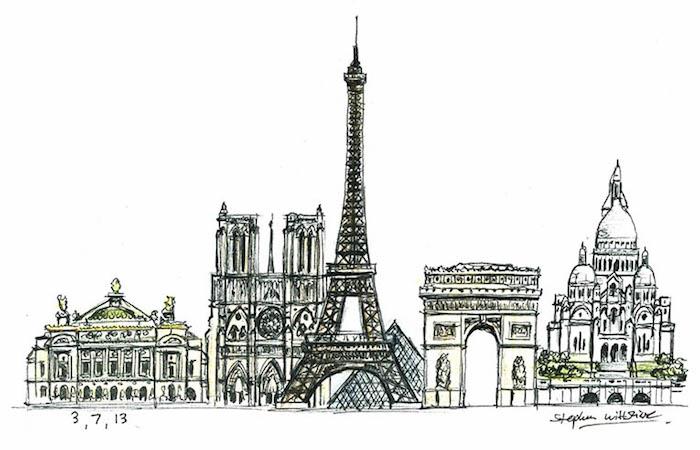 Paris turist platser lätt och vacker teckning, lätt ritning idé att göra visuell representation, illustrationer av de vackraste byggnaderna