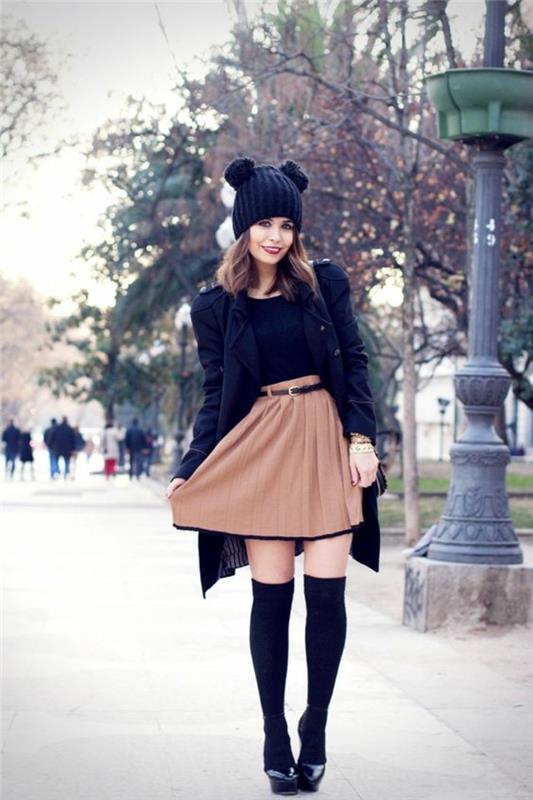 Elegant-outfit-street-fashion-flared-skirt-camel-color-high-socks-black-cap-original