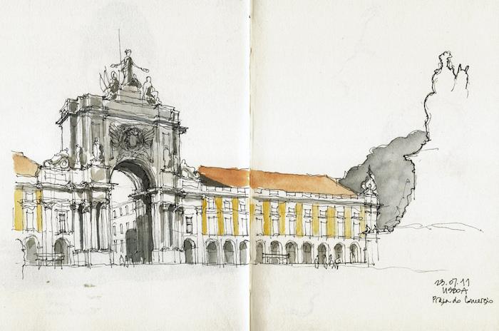 Lissabon akvarellritning av praça de comerço, hur man ritar ett hav, skönhet naturritning lätt att göra