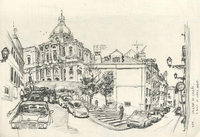 Lisboa alfama ritskiss, banritning, vacker original landskapsteckning inspirationskonstnär