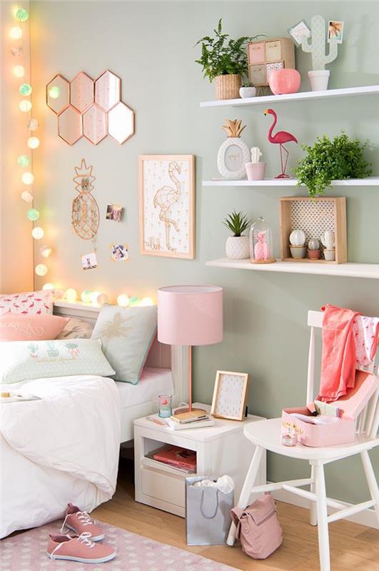 ديكور غرفة الفتاة ذاتي الصنع ، لوحة فلامنغو باللون الأبيض والوردي الباستيل ، والنباتات الخضراء على الرف الأبيض