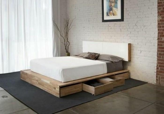 سرير مع درج - سجاد - أسود - غرفة نوم - مع بلاط - رمادي - أبيض - جدار من الطوب