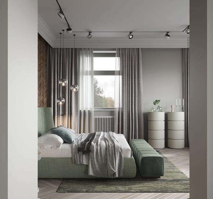 sivý model spálne pre dospelých so sivými závesmi a parketami zo svetlého dreva, posteľou a koncom postele v seladonovej farbe, viacsvetlým stropným osvetlením