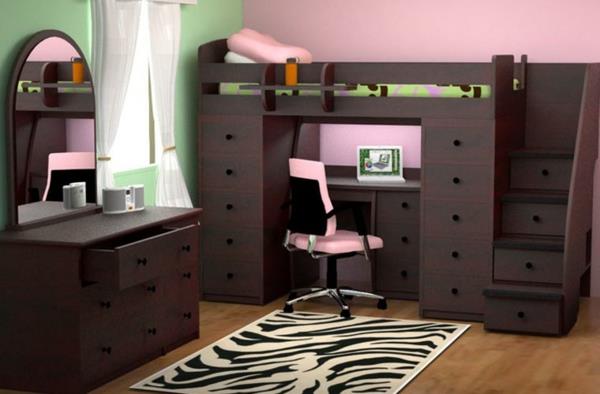 loft-bed-and-desk-tmavo-čierna-orech-a-ružová-dekorácia