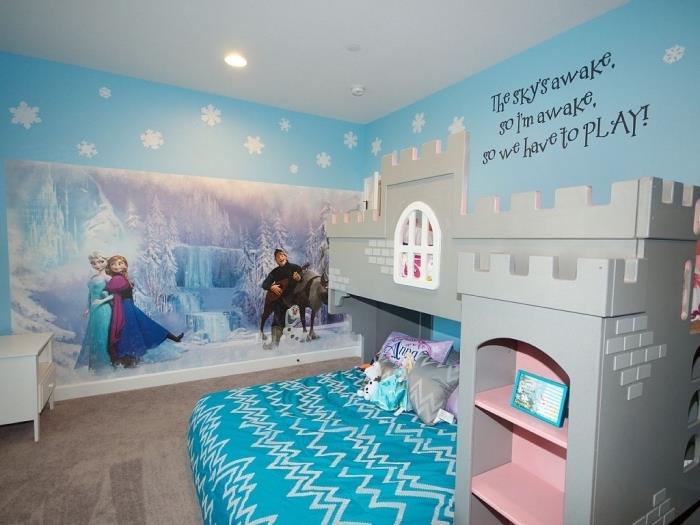 deco snehová kráľovná, svetlo modrá nástenná maľba so snehovými vločkami, dizajnová samolepka na stenu Frozen