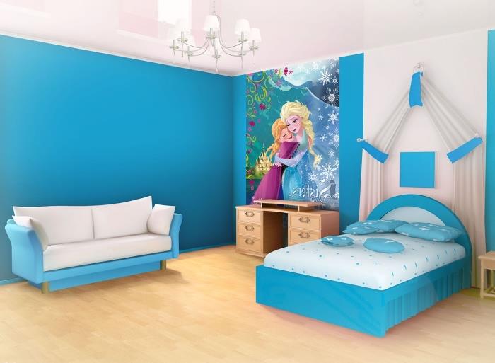 dekorácia snehovej kráľovnej, detská izba v bielo -modrom prevedení Frozen, malý bielo -modrý nábytok