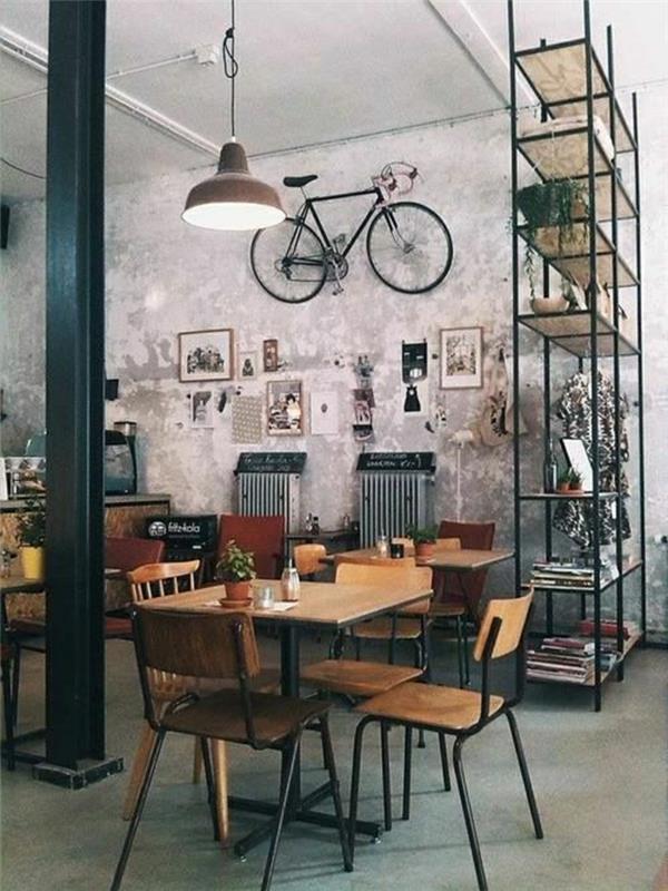 moderný-podkrovný-priemyselný-nábytok-dekoratívny-bicykel-stena-deko-obývačka