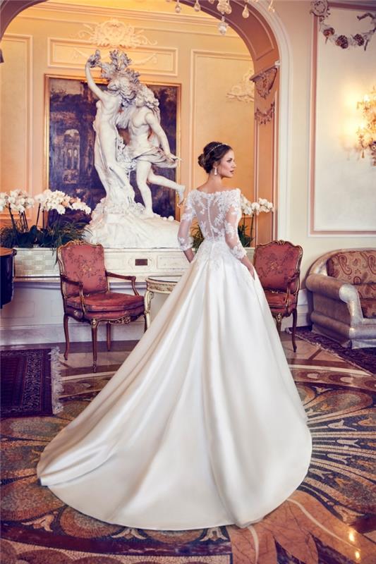 فكرة فستان الزفاف الشتوي بتصميم الأميرة ، نموذج لباس أبيض مع ظهر وهمي مزين بتطبيقات الدانتيل الزهرية