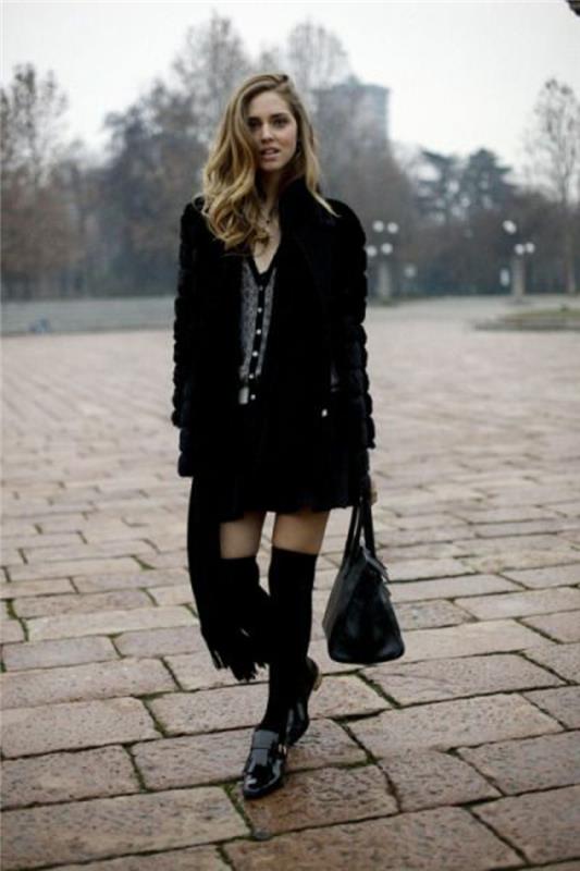 أسود-نظرة-عالية-الجوارب-البالية مع-العصرية-فستان الشتاء