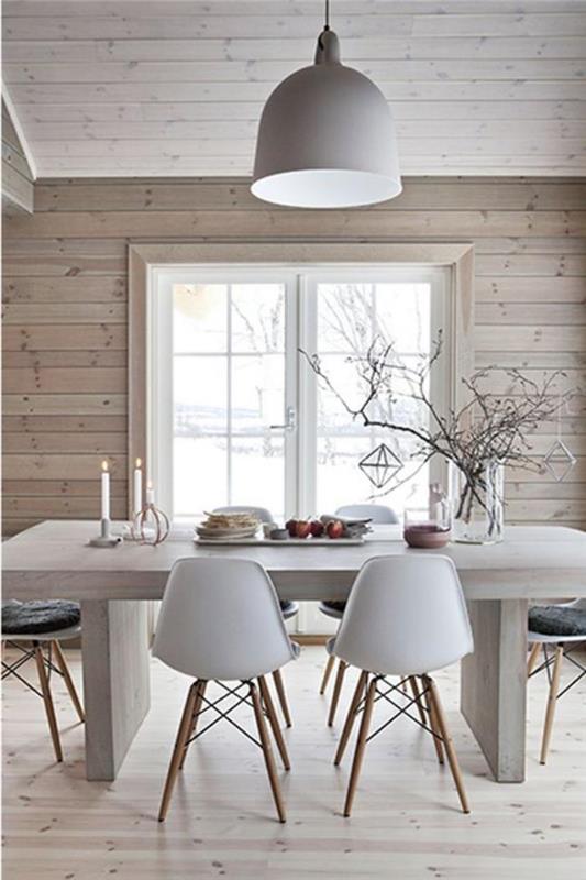 Skandinavisk stil-trä-och-vitt-matsal-ljus