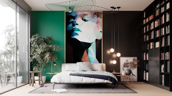 grönsaksgrön färg i en modern inredning, vuxen sovrumsfärg 2 färger med grön vägg och antracitgrå vägg