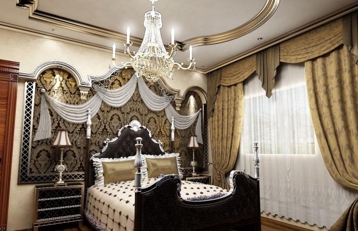 luxusná spálňa v orientálnom štýle s béžovými stenami a bielym stropom, čierny model postele s čiernym dizajnovým čelom