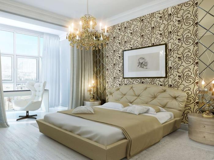 moderna och lyxiga sovrumsmöbler med en stor säng med knappar, beige tapetväggar med svarta rullmönster