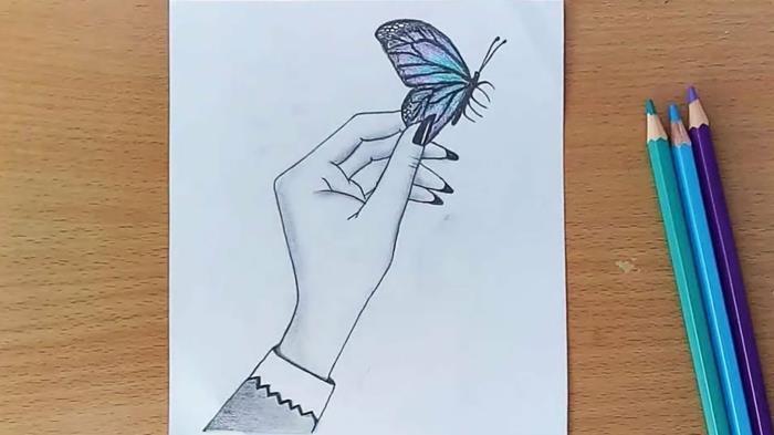 الفراشة الزرقاء على يد تلوين الفراشة ، رسم بومة فراشة ملونة جميلة
