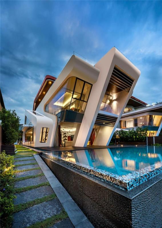 villa, futuristisk arkitektur, vit fasad med orange nyanser, utomhuspool