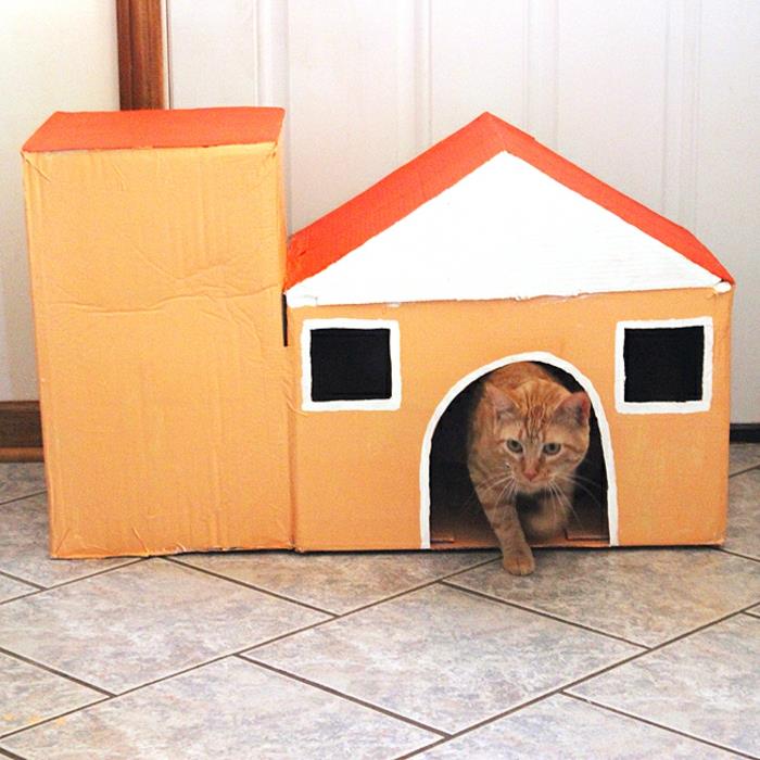 pappkatthus, hus med två kartonger och en katt
